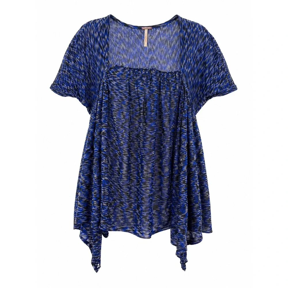 Free People Womens XS Blue‎ Black Space Dye Draped Layered Knit Square Neck Top